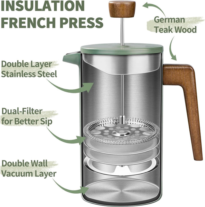 French Press Thermo Kaffeebereiter 1 Liter/8 Tassen, Edelstahl, grüne aus Echtholz, doppelwandig, is