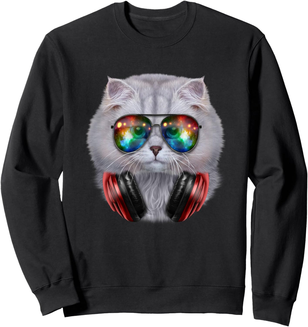 Weisse Katze, die Raumsonnenbrille und Kopfhörer trägt Sweatshirt