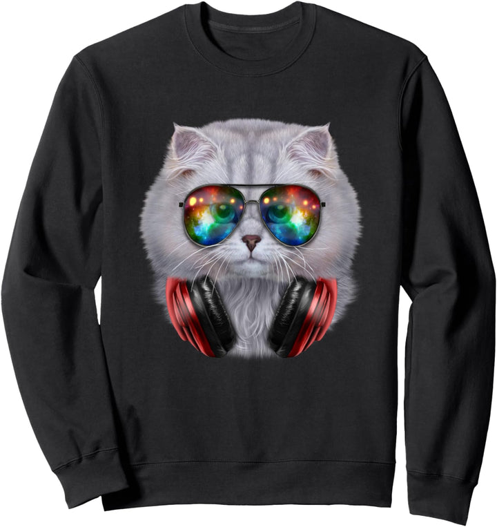 Weisse Katze, die Raumsonnenbrille und Kopfhörer trägt Sweatshirt