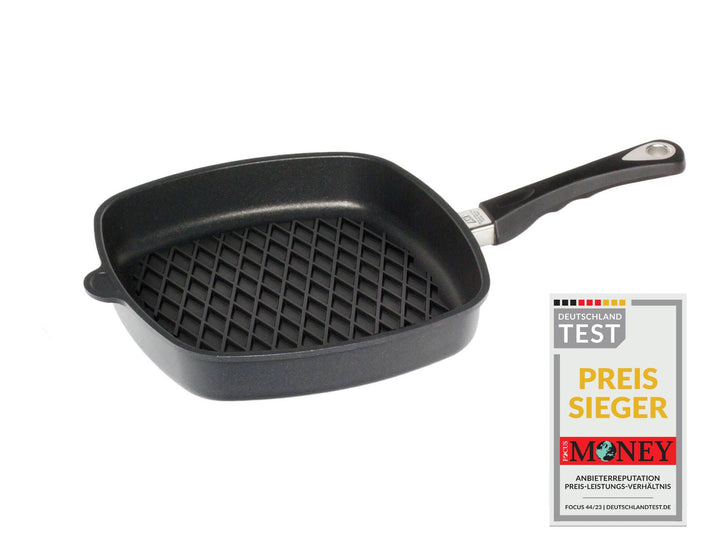 AMT Gastroguss Eckpfanne 28 x 28 cm, 5 cm hoch, mit BBQ-Boden, fester Stiel, induktionsgeeignet, Lot
