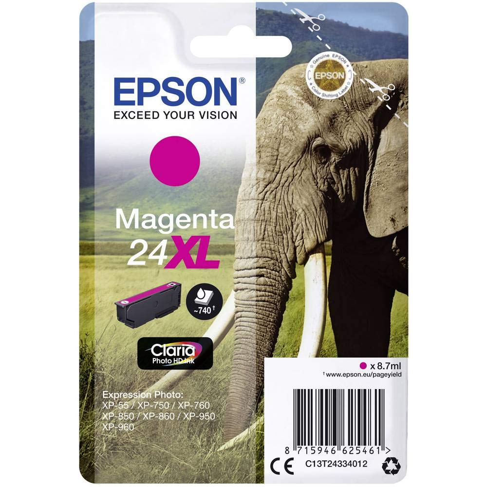 Epson 24XL Magenta Elephant High Yield Genuine, Claria Photo HD Ink Cartridge Normalverpackung XL ma