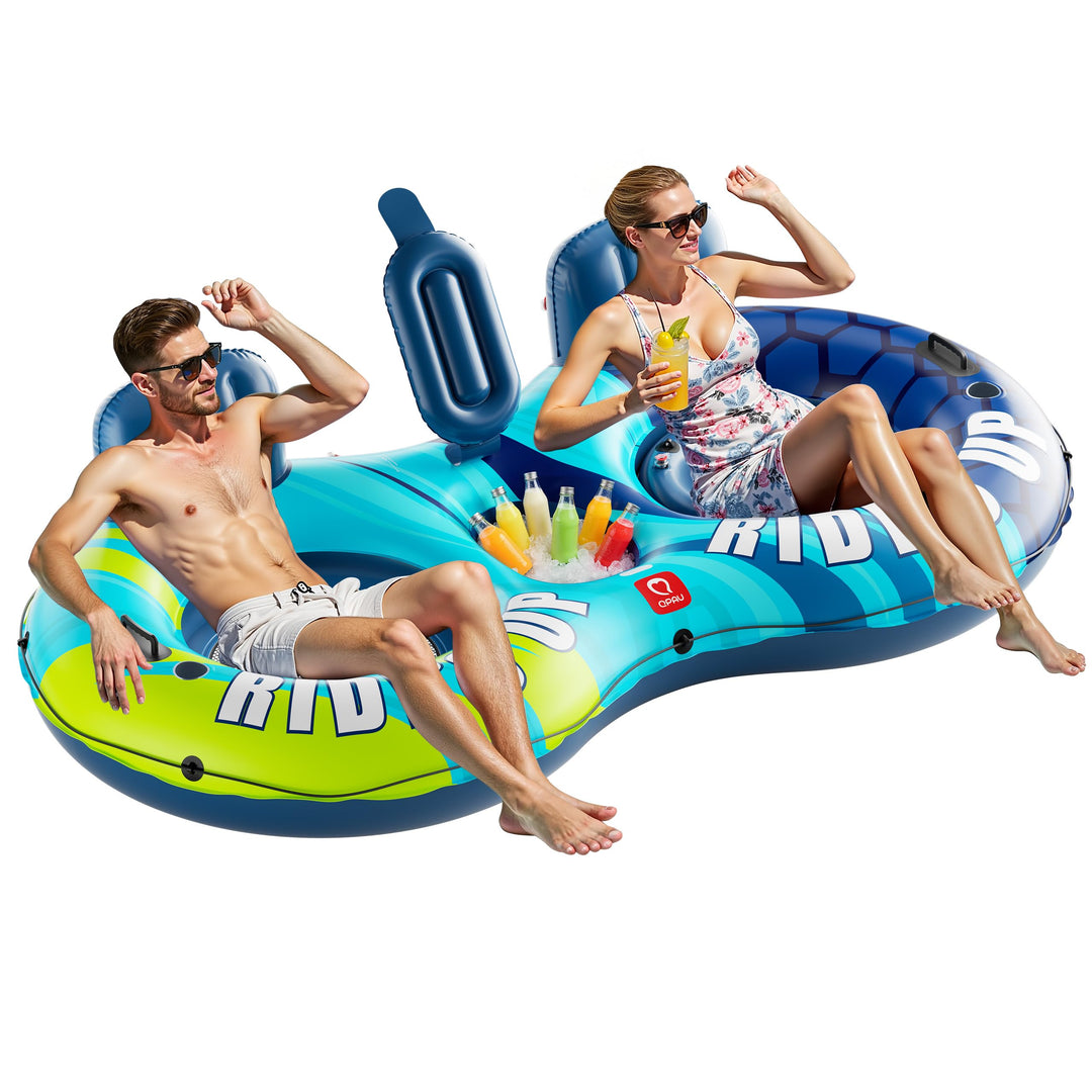 'QPAU Inflatable Double River Tube, 2 Person 660lb Capacity, Puncture-Resistant 93'' Sturdy Heavy Du