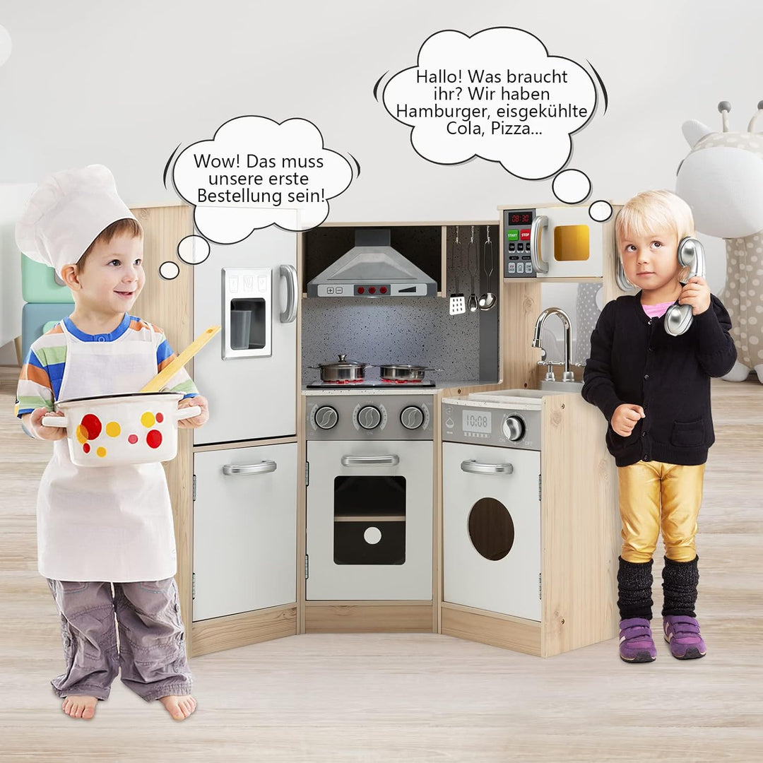 COSTWAY Kinderküche mit zubehör, Spielküche Holz mit Licht & Sound, Eckküche Kinder inkl. Spüle Ofen