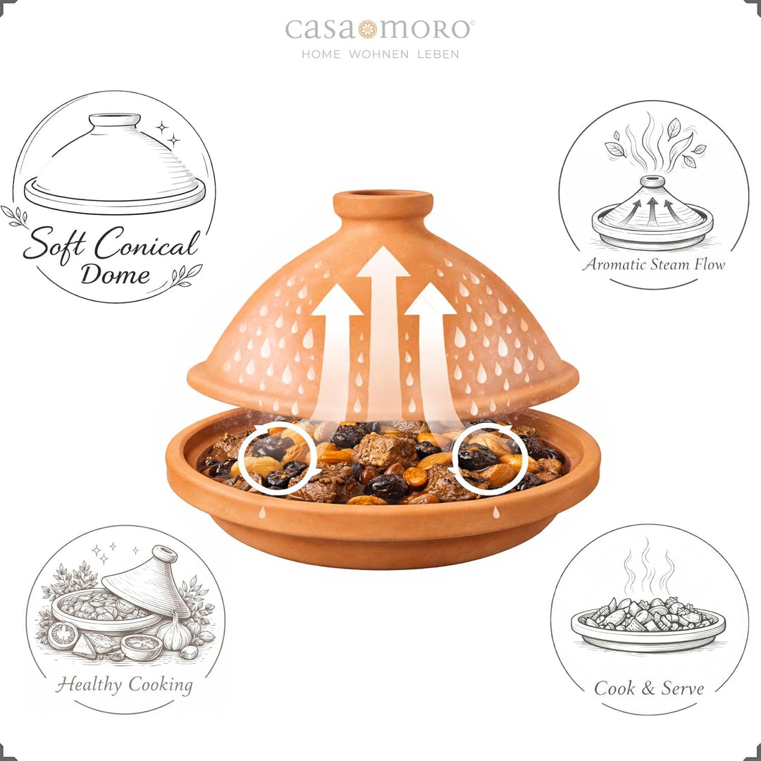 Marokkanische Tajine, Schmortopf aus Ton Ø 30cm Kochen für 3-4 Personen | Tagine unglasierter Gartop