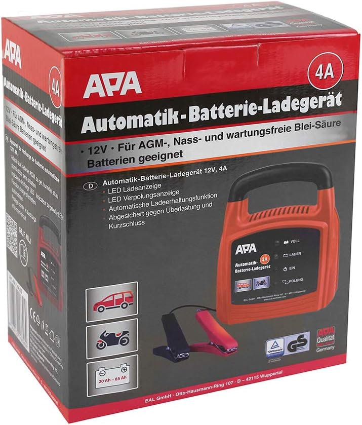 APA 16626 Automatik Batterie-Ladegerät, automatische Sicherung, Erhaltungsmodus, 12 V, 4A Ladestrom: