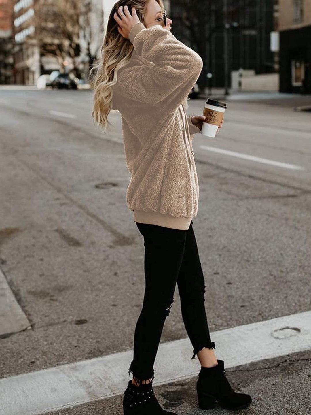 Durio Hoodie Damen Fleece Kapuzenpulli Teddy Fleece Pullover Oversize Sweaterpullover Winter Warm Kh
