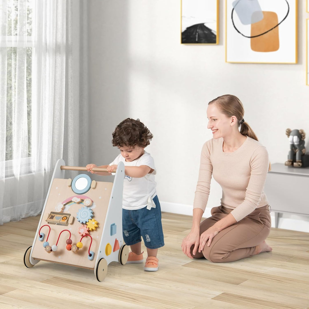 LIFEZEAL Lauflernwagen Holz, Lauflernhilfe mit Stauraum, Bauklötzen &amp; Spielboard, Baby Walker ab 36