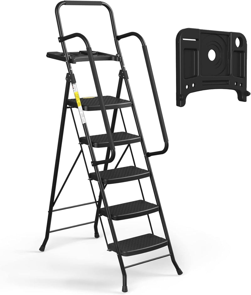 HBTower Trittleiter 5 Stufen klappbar, Leiter mit Breitem Anti-Rutsch-Pedal, Trittleiter mit Bequeme
