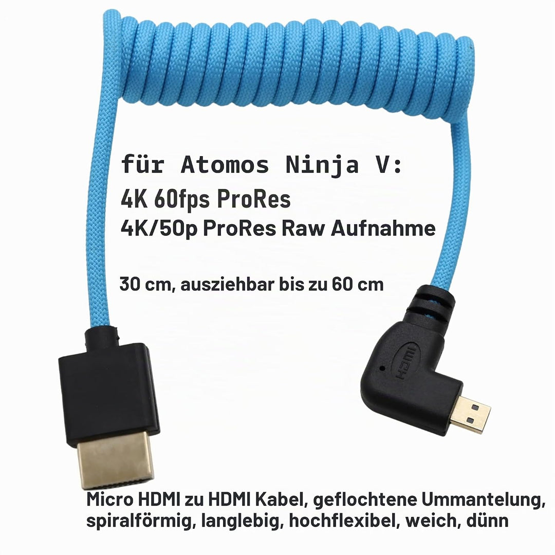 HangTon Micro-HDMI zu HDMI ProRes RAW 4K 8K 60fps blau geflochtener Spiralkabel für Sony ZVE-10 A7C