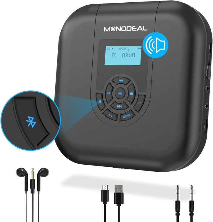 CD Player Tragbar, MONODEAL Tragbarer Bluetooth, Wiederaufladbar mit Lautsprecher und FM Transmitter