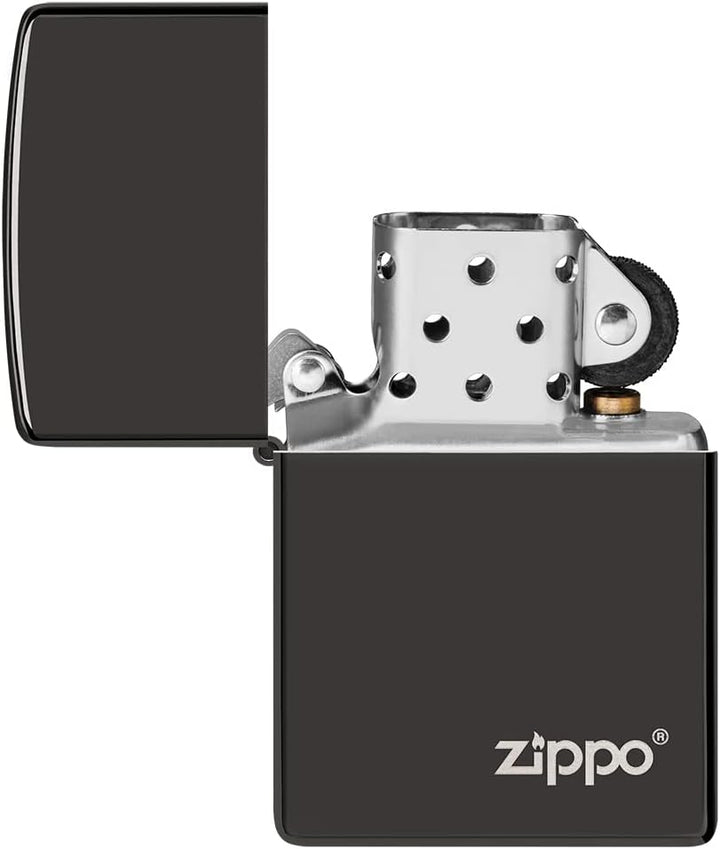 ZIPPO - High Polish Black mit Logo - nachfüllbares Sturmfeuerzeug in hochwertiger Geschenkbox (schwa