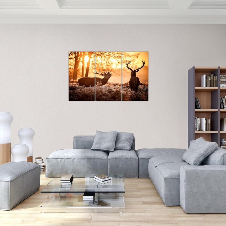 Runa Art Wandbilder Winter Hirsch Bild XXL Wohnzimmer Schlafzimmer Orange Wald Natur 120 x 80 cm 3 T