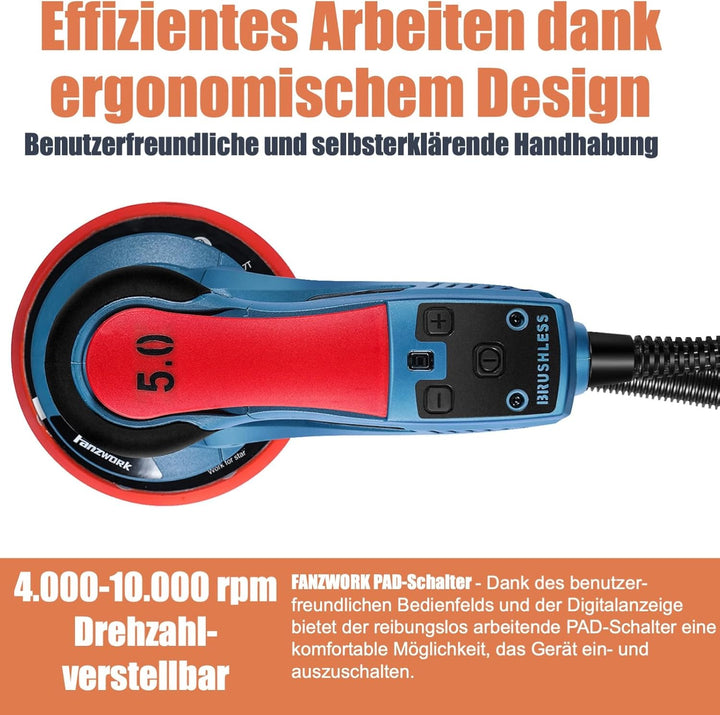 FANZWORK Bürstenloser Exzenterschleifer HG0024,mit 125mm/150mm Schleifteller,5mm Schleifhub, 7-Stufi