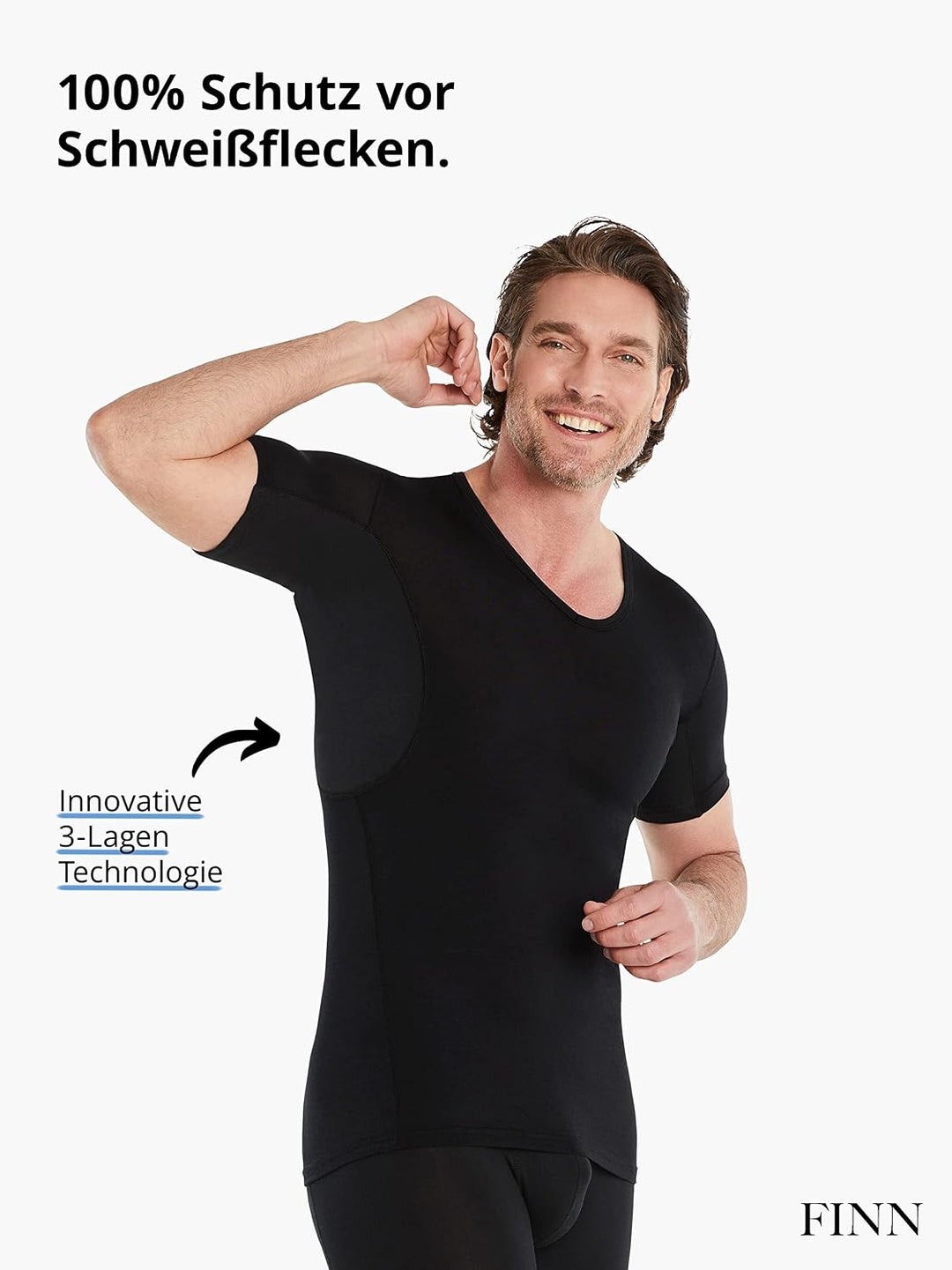 FINN Anti-Schweiss Shirt Herren mit V-Ausschnitt und Rücken-Einsatz – Unterhemd gegen Schwitzen mit