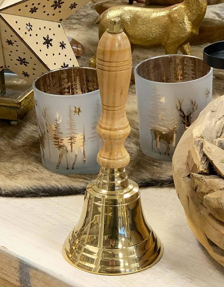 zeitzone Handglocke Messing Gold Gross mit Holzgriff lauter Klang Schule Weihnachten 23 cm, 23 cm