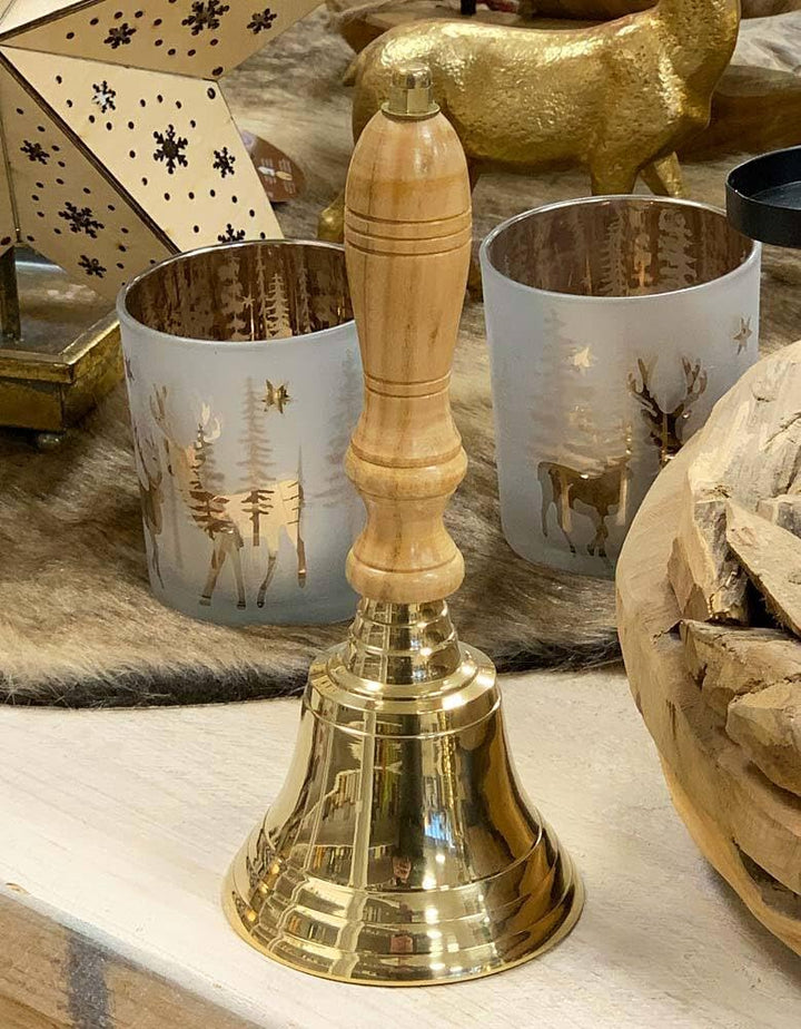 zeitzone Handglocke Messing Gold Gross mit Holzgriff lauter Klang Schule Weihnachten 23 cm, 23 cm