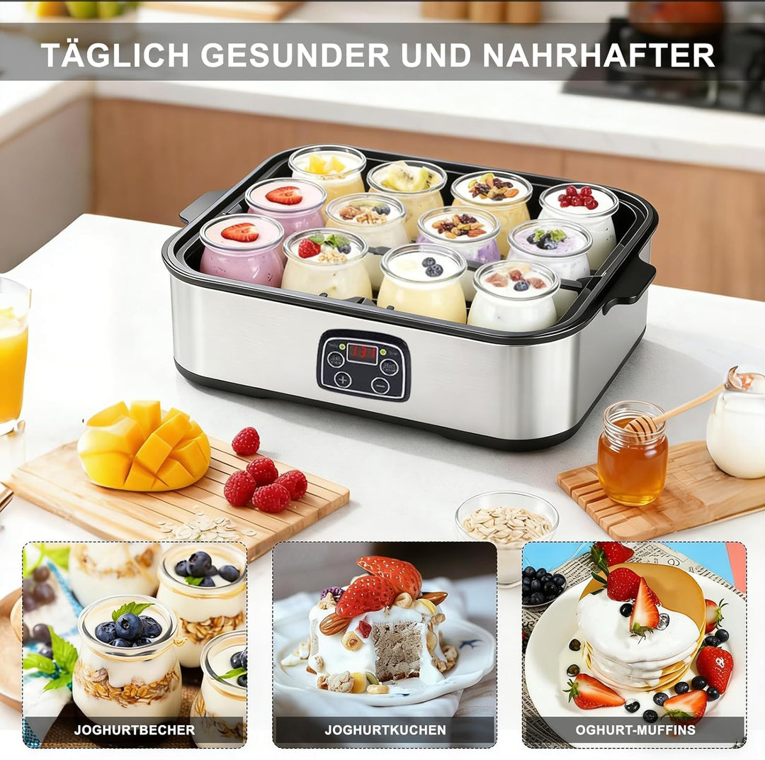Joghurtbereiter 25W inkl 12 Glasbehälter à 180 ml Gesamtkapazität 2160 ml Digitaler Yogurt Maker mit