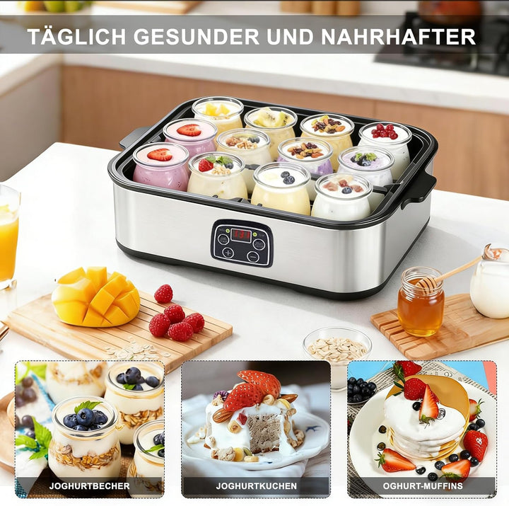 Joghurtbereiter 25W inkl 12 Glasbehälter à 180 ml Gesamtkapazität 2160 ml Digitaler Yogurt Maker mit