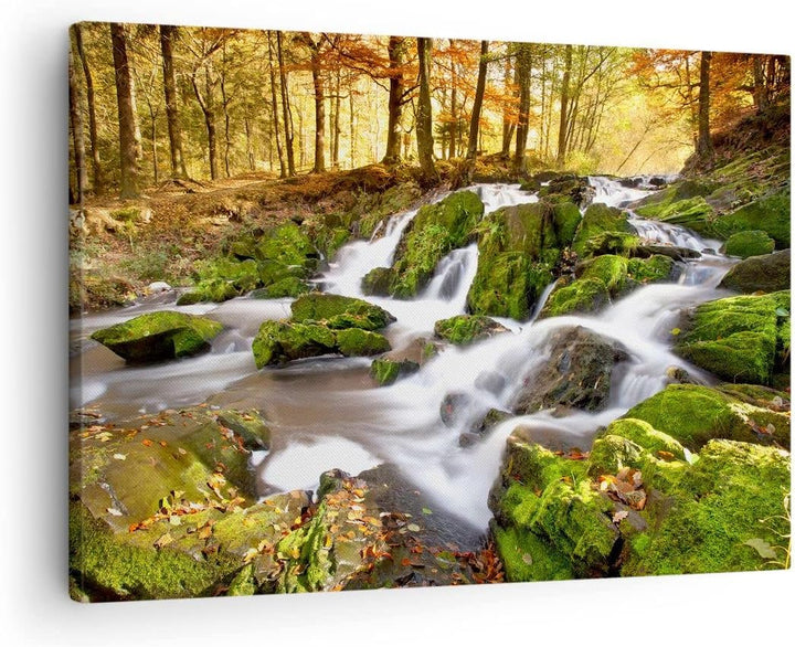 Bilder auf Leinwand Sonne Berg Bach Park Leinwandbild mit Rahmen 70x50cm Wandbilder Dekoration Wohnz