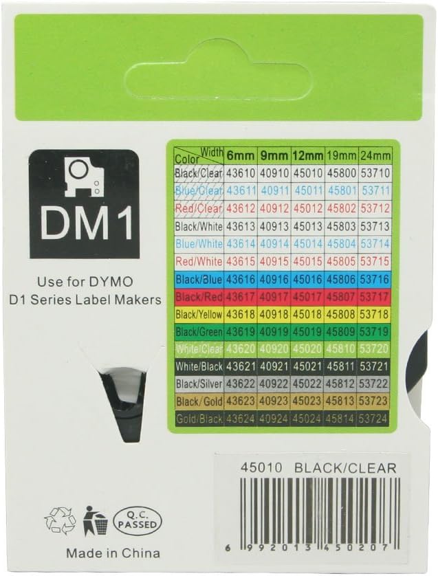 Schriftband, kompatibel mit DYMO D1 45010, 12 mm, OPA2210x5, Schwarz auf Transparent, 5 Stück 12 mm