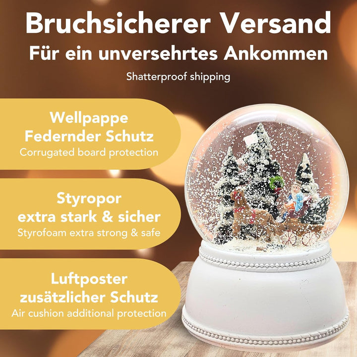 Weihnachts-Schneekugel mit Musik | Schneekugel Kutschfahrt mit Familie | Sockel Nostalgie weiss | 10
