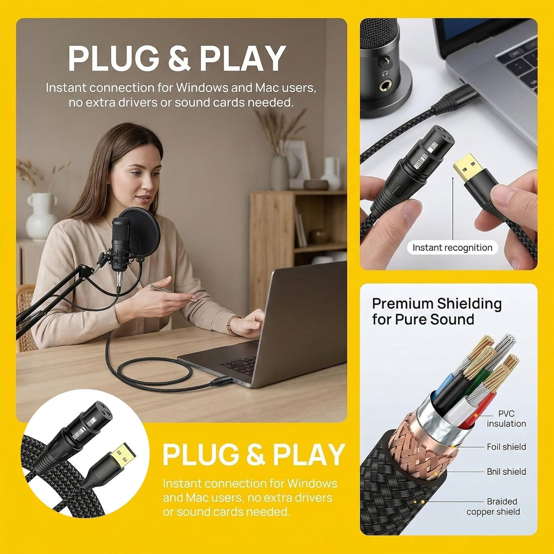 XLR auf USB Mikrofonkabel 1,5 m mit Integriertem DAC, Profi Adapter für Aufnahmen und Streaming, Plu