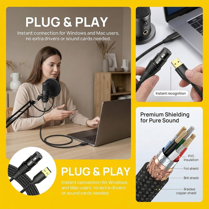 XLR auf USB Mikrofonkabel 1,5 m mit Integriertem DAC, Profi Adapter für Aufnahmen und Streaming, Plu