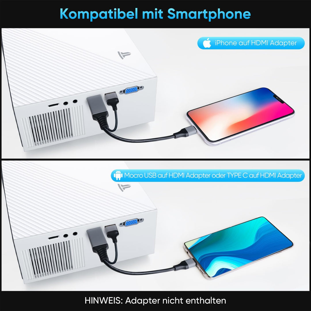 Beamer Full HD 1080P, WiFi&Bluetooth Tragbarer 15000 Lumens Mini Beamer Heimkino Projektor, 300" Max