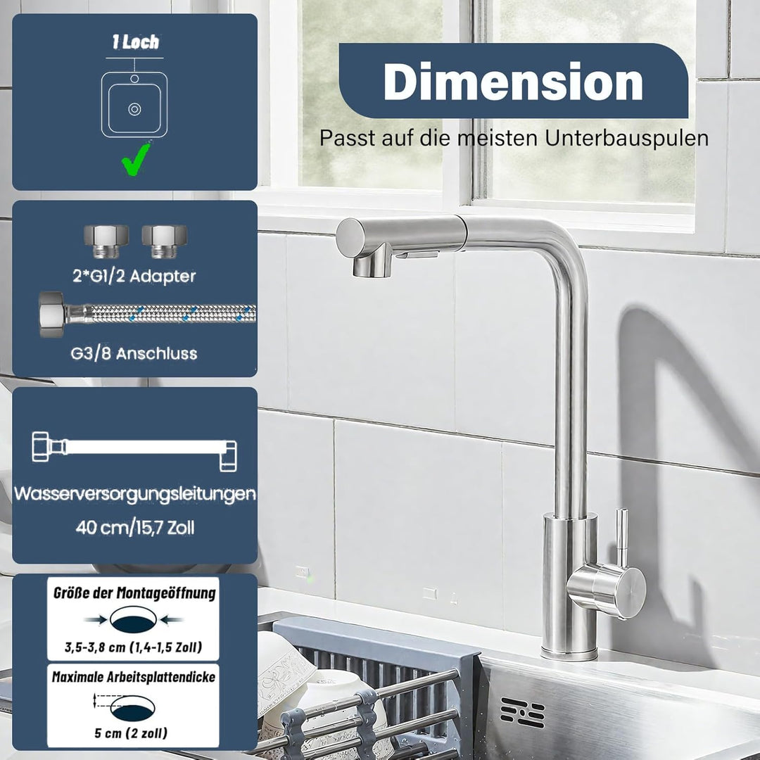 Rozin Wasserhahn Küche Hochdruck Gebürstetes Nickel 360° Drehung Küchenarmatur Ausziehbar Wasserhahn