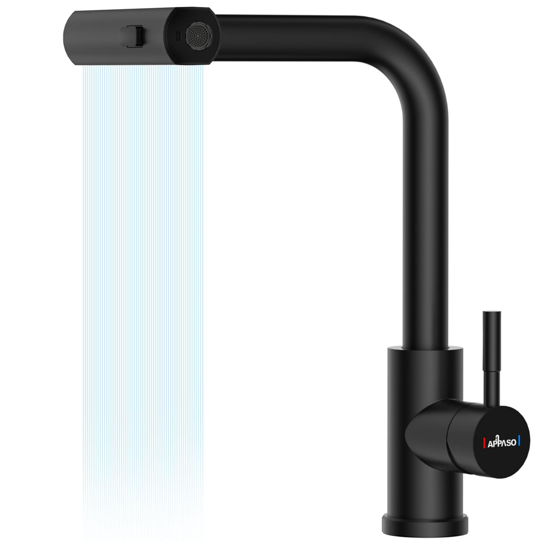 APPASO Wasserhahn Küche Schwarz Wasserfall, Hochdruck Küchenarmatur Schwarz, Küchenarmatur Ausziehba