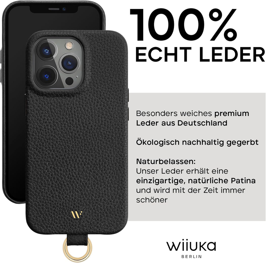 WIIUKA Hülle für iPhone 15 Pro Max, Leder aus Deutschland, Lederhülle Handykette, Premium Handyhülle