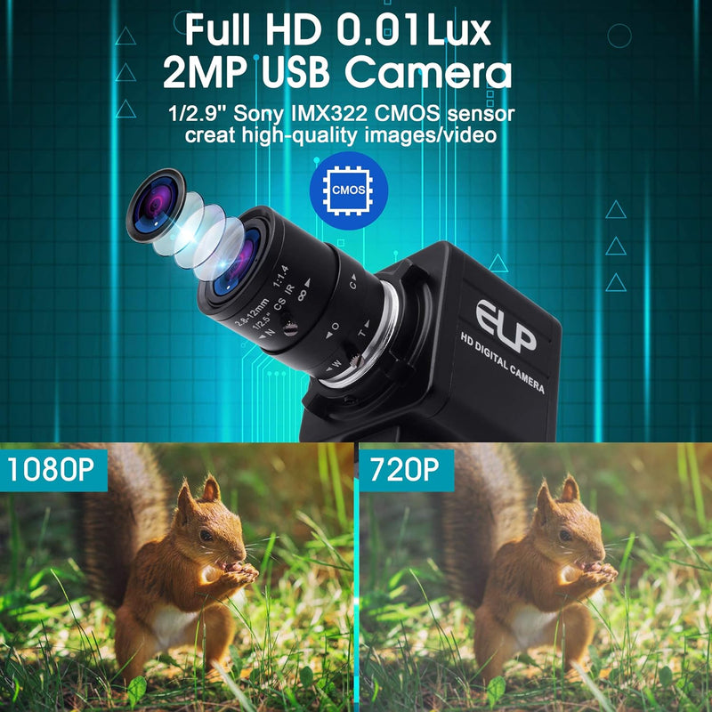 ELP 1080P Weitwinkel Web Kamera mit 2.8-12mm Zoom Objektiv,IMX323 Sensor Webcam Plug & Play für PC,D