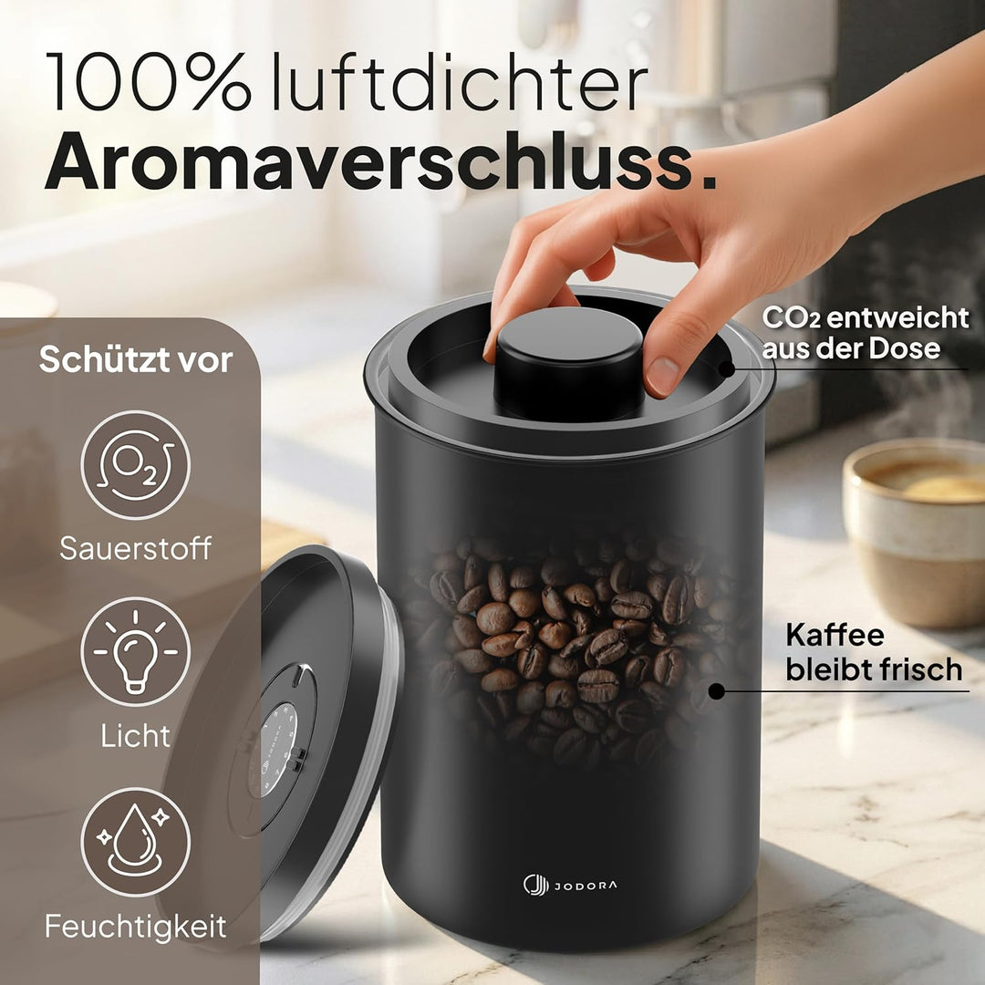 JODORA Kaffeedose Luftdicht 1KG Bohnen aus hochwertigen Edelstahl mit innovativem Vakuumverschluss -
