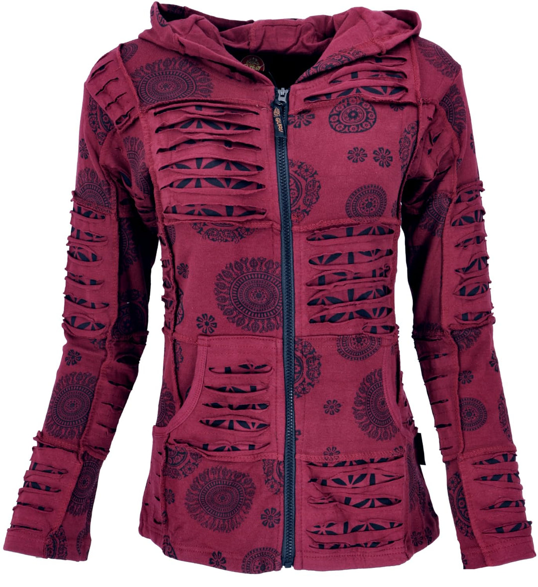 GURU SHOP Goa Patchwork Jacke, Kapuzenjacke, Damen, Baumwolle 38 Bordeaux, 38 Bordeaux