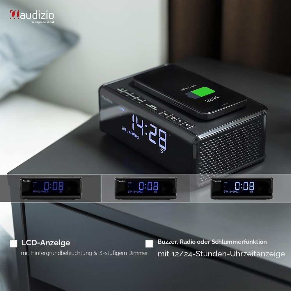 Audizio Cuneo Radio Wecker, Uhr-Radio DAB+ mit kabellosem Laden - Kristallklarer Sound und praktisch