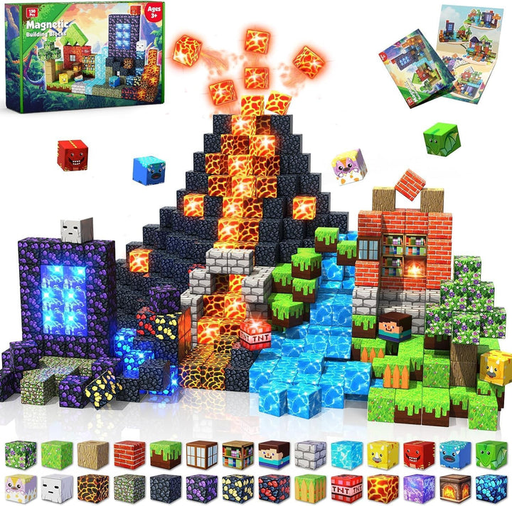 Magnetische Bausteine - 150 Teile Magnetic Blocks - Wald und Dinosaurier - Montessori magnetisches S