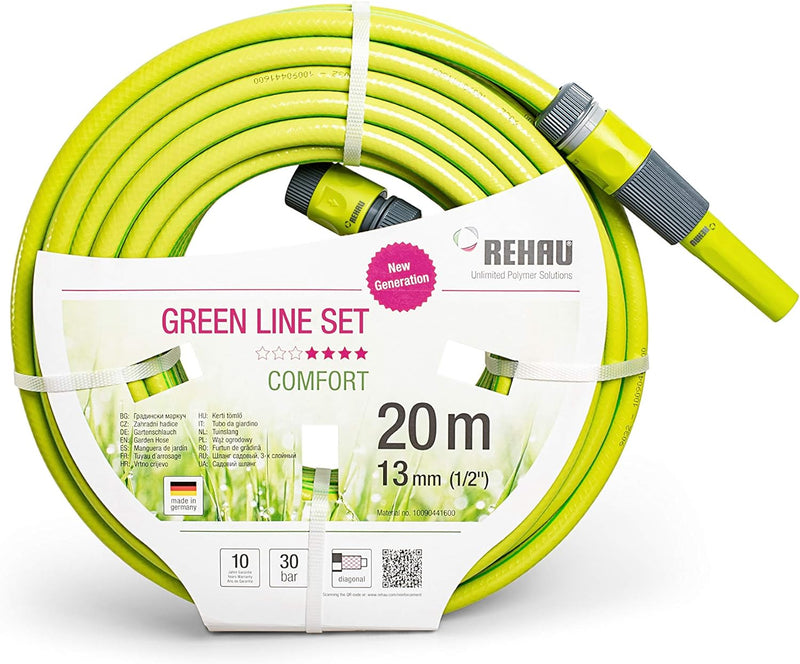 REHAU Gartenschlauch Green LINE 1/2 Zoll 20m mit Armaturen: leuchtendes grün, flexibel + druckfest +