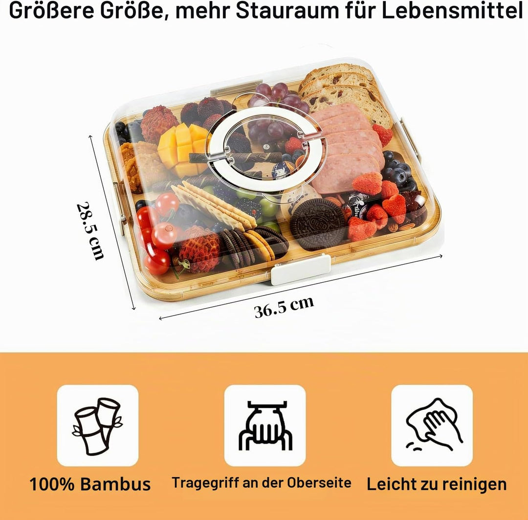 Charcuterie-Bretter mit Deckel und Griff, tragbares Bambus-Käsebrett mit 6 Fächern, Serviertablett f
