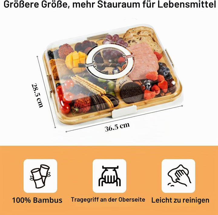 Charcuterie-Bretter mit Deckel und Griff, tragbares Bambus-Käsebrett mit 6 Fächern, Serviertablett f
