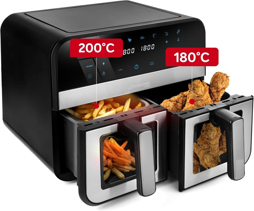 LEHMANN Heissluftfritteuse 2 Kammern XXL mit Sichtfenster, 9L Airfryer Doppelkammer, 2x 4,5L Schubla