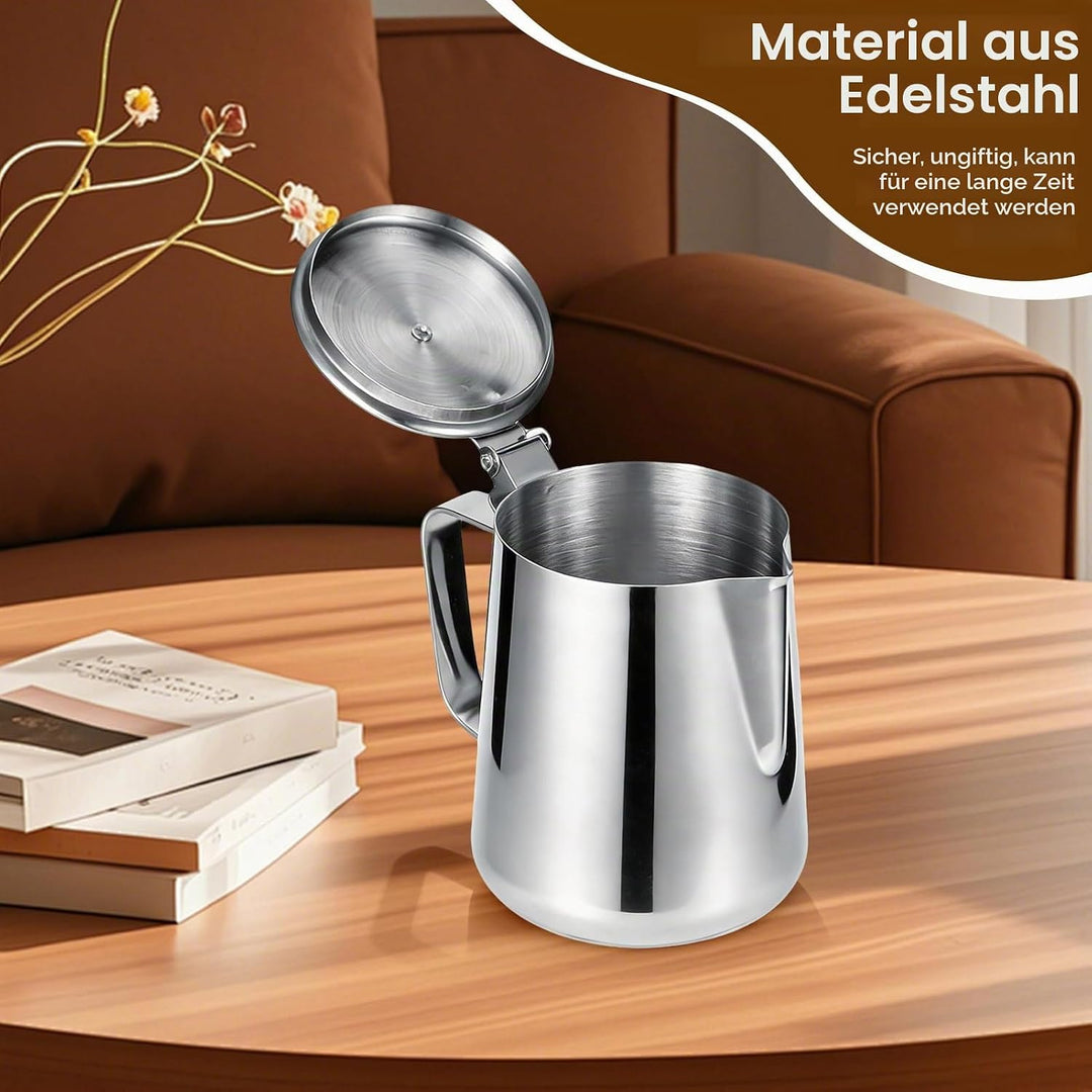 Milchkännchen mit Deckel, 600 ml/1000 ml, Milchaufschäumkännchen, Edelstahl Kanne mit Deckel, Milcha