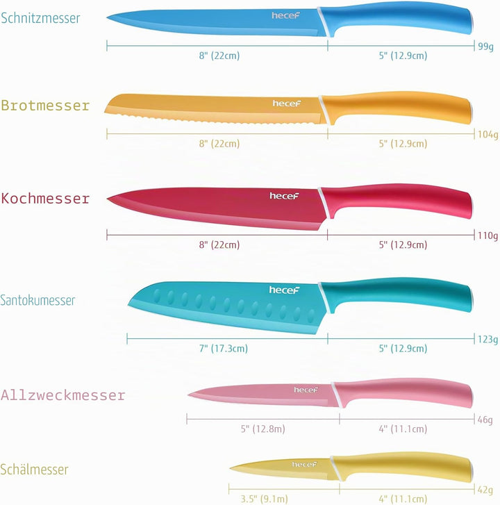 hecef 6 Teilig Messer Set mit Schutz, Küchenmesser Set Bunte Non-Stick, Scharfe Messerset Edelstahl,