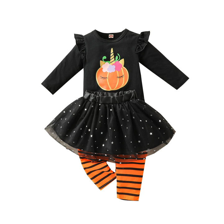 Verve Jelly Baby Mädchen Halloween Kleidung Rüschen Langarm Kürbis Tops Tüll Tutu Rock Gestreifte La