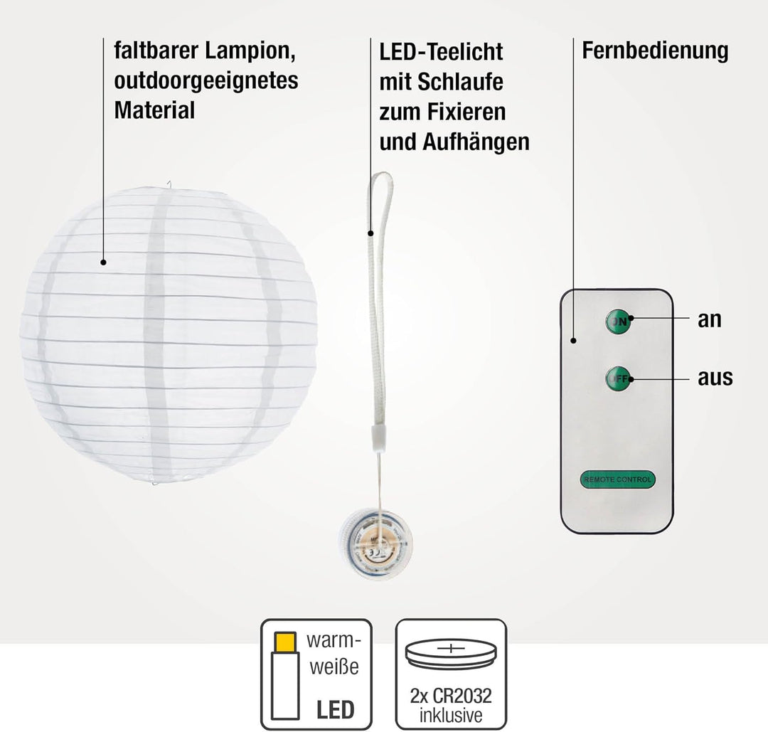 Hellum LED Lampions aussen wetterfest mit Fernbedienung 3er Set, Lampions weiss mit warmweissen LED
