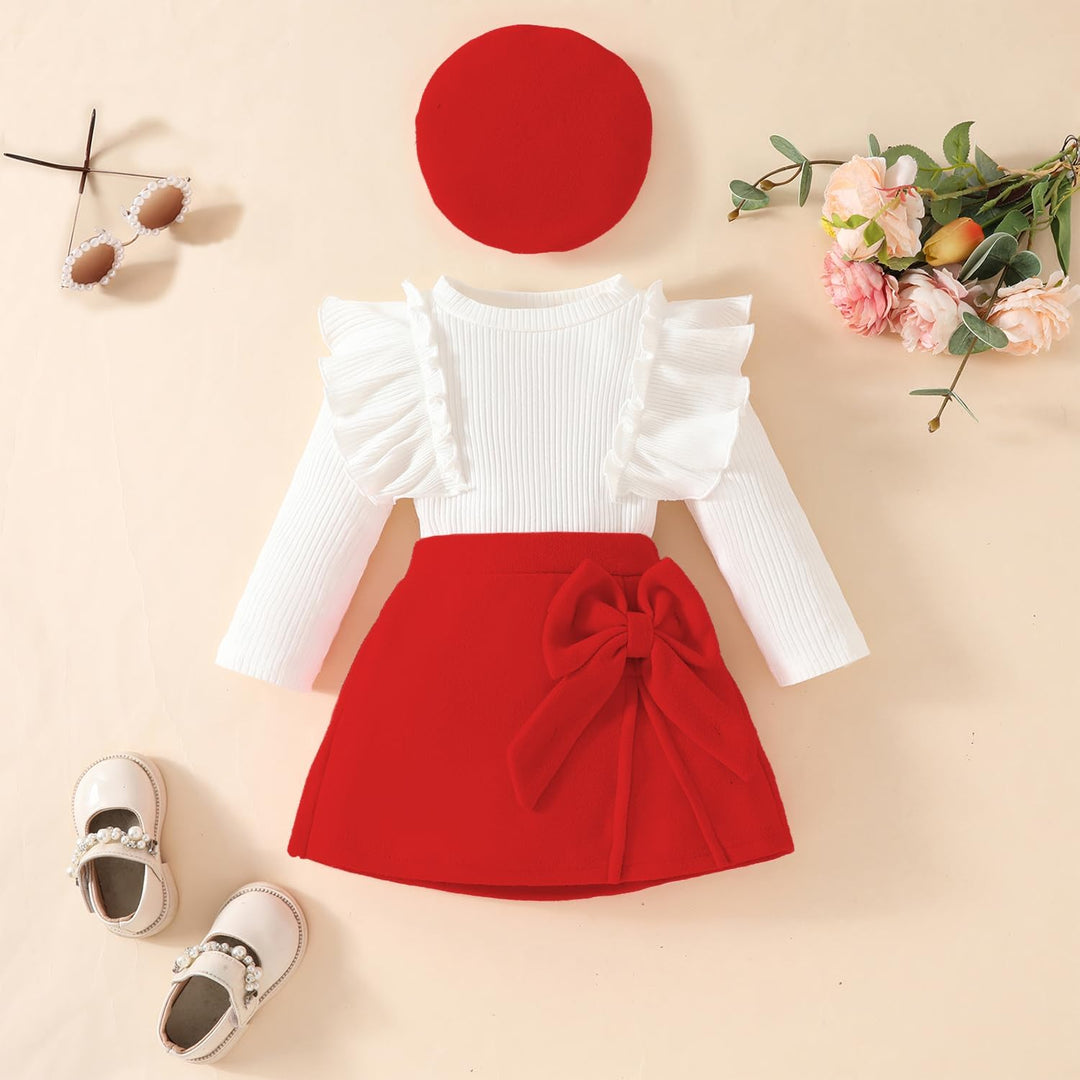 Kleinkind Baby Mädchen Outfits Rüschenärmel Gestrickt Bowknot Shirt + Elegant Mini Rock+ Baskenmütze