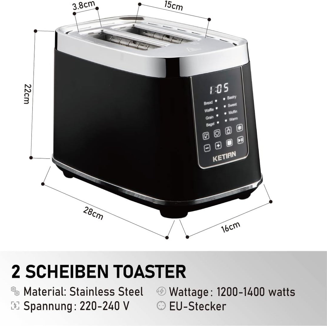 Toaster 2 Scheiben, KETIAN 2 Toast Schlitze mit Brötchenaufsatz, hochwertiger Edelstahl-Toaster, 7 S