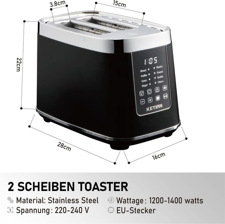 Toaster 2 Scheiben, KETIAN 2 Toast Schlitze mit Brötchenaufsatz, hochwertiger Edelstahl-Toaster, 7 S