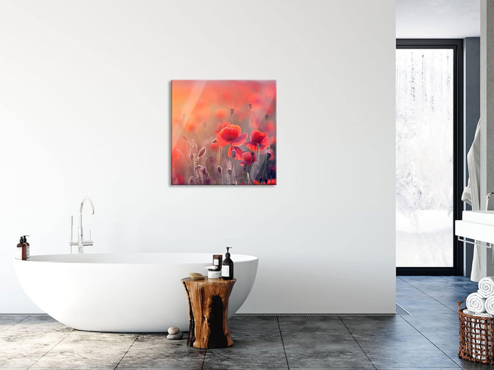 Pixxprint Glasbild | Wandbild auf Echtglas | Mohnblumenfeld | 40x40 cm | inkl. Aufhängung und Abstan