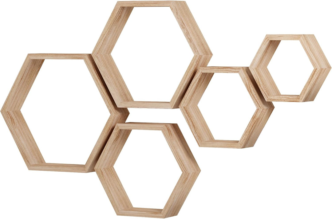 WONFUlity Hexagon schwebende Regale, 5er-Set, Wandmontage, Holz, Bauernhaus-Aufbewahrung, Waben-Wand