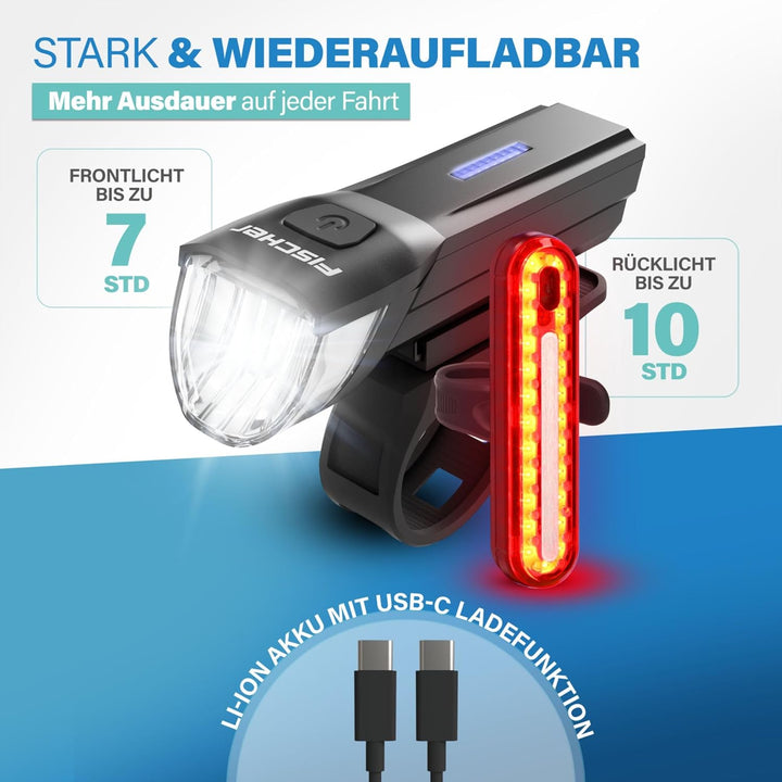 FISCHER Fahrrad-Beleuchtungsset Stop 30/15 Lux mit Bremslicht, Front- und Rückleuchte, mit Akku und